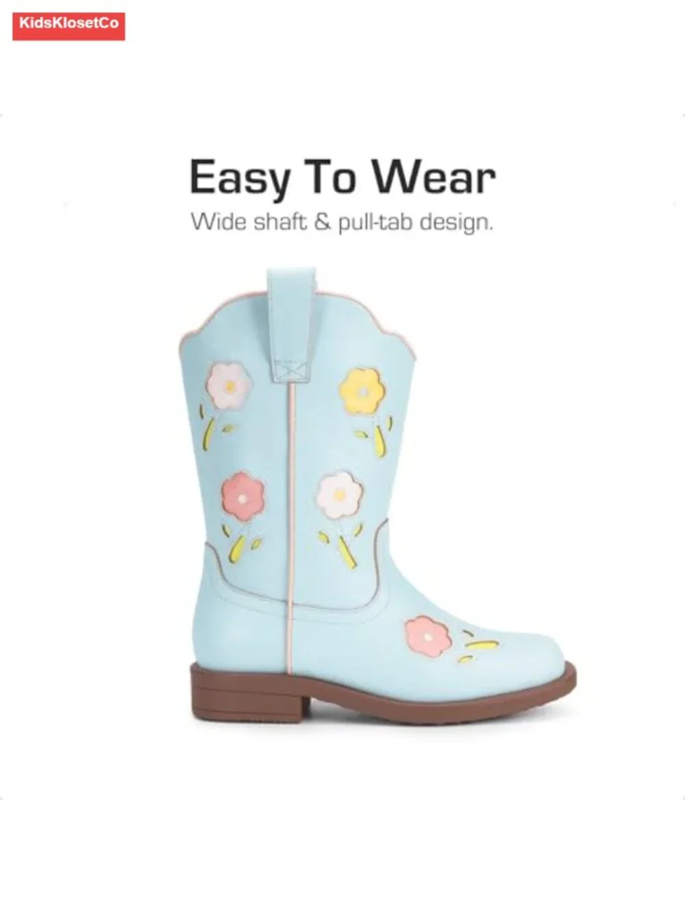 Girls Floral Embroidered Square Toe Cowboy Boots with Dual Pull Tabs